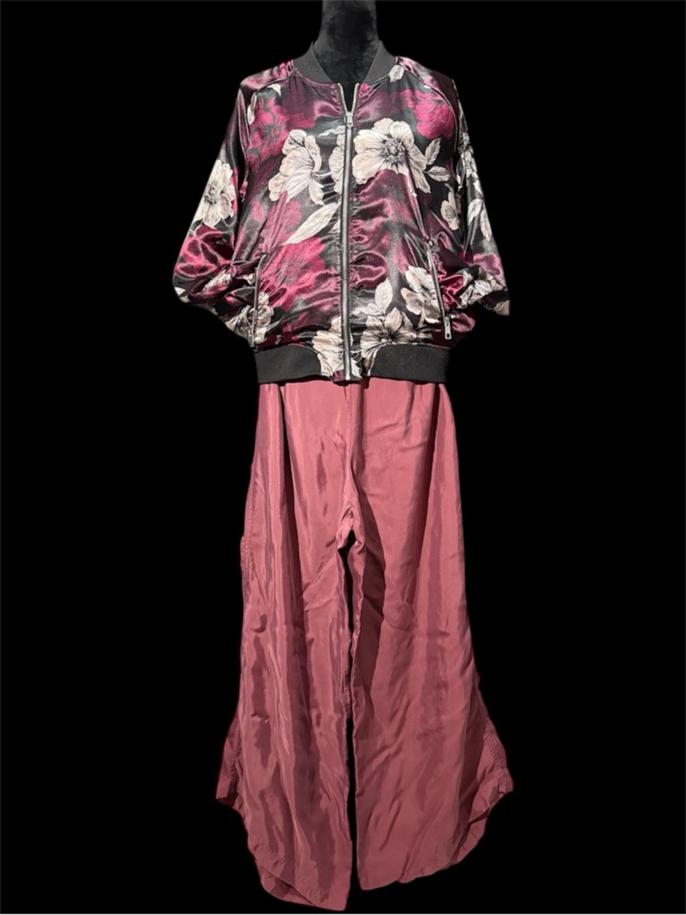 Charlotte Russe Satin Floral-Lined Bomber in Plum and Black Set